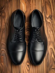 Black leather dress shoes on wooden texture - A pair of polished black leather dress shoes are presented on a warm, textured wooden surface, highlighting intricate design details