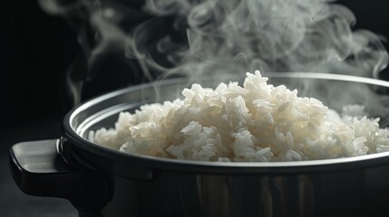 Jasmine rice cooking in electric rice cooker with steam on dark background. Soft Focus,