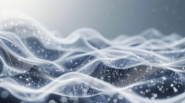 Gray and white abstract background with flowing particles.