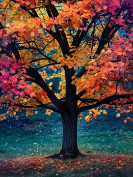 Vibrant autumn tree with vivid leaves - A mesmerizing image of a tree with leaves in a brilliant display of autumnal colors