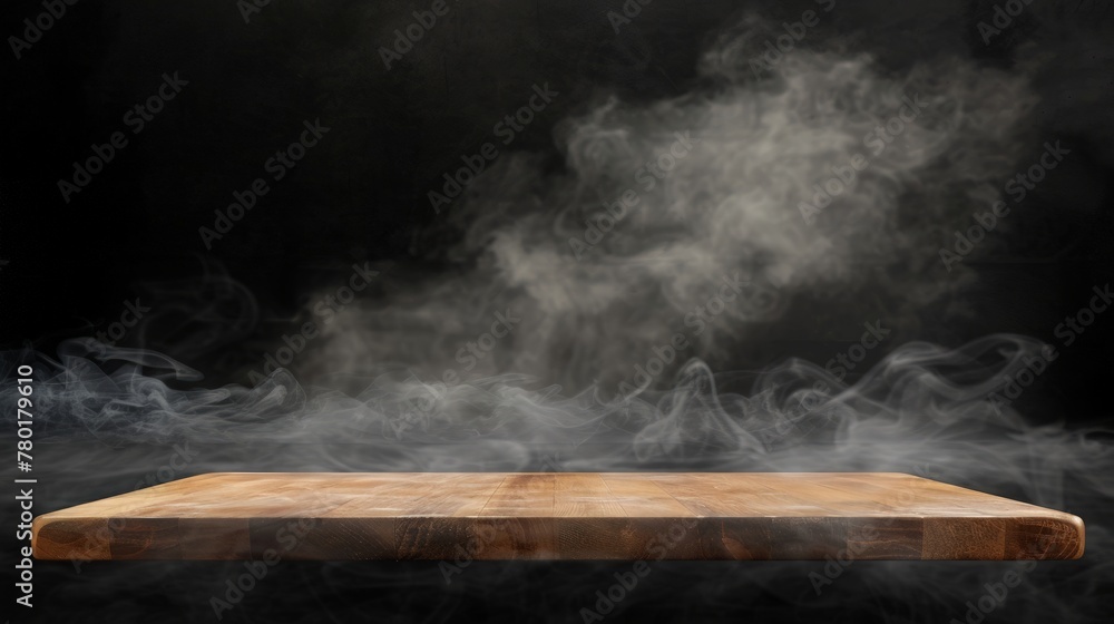 Aufkleber on a black background, an empty wooden table with smoke floats up. empty space for displaying your p