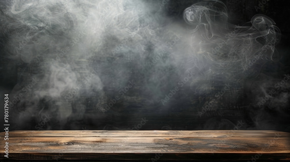 Poster on a black background, an empty wooden table with smoke floats up. empty space for displaying your p