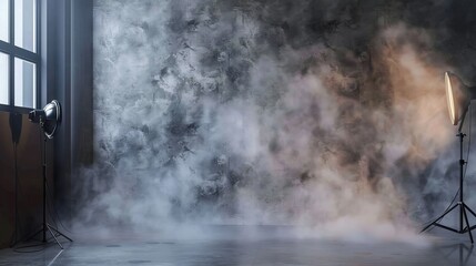 A backdrop of smoke-effect cement concrete wall in a studio room, providing a unique atmosphere for product display and photography