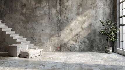 A backdrop of rough concrete in loft style, transforming room interiors into an artistic studio for elegant product showcases