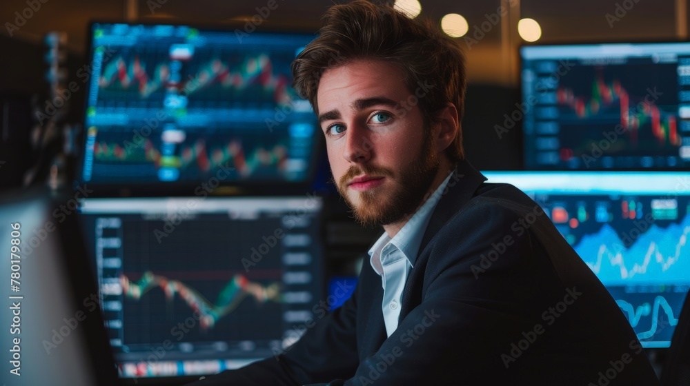 Poster portrait of successful young stock trader sitting in front of multiple monitors. stock trading.