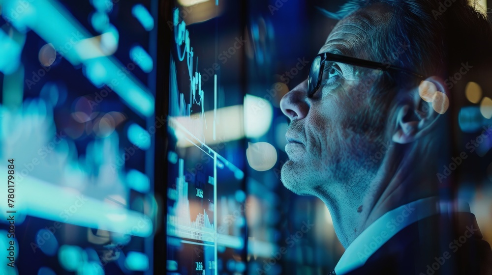 Poster reflection of a stock trader viewing the performance of a company share price on screen