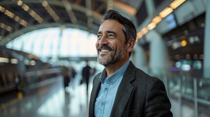 Portrait of happy businessman at an airport terminal - obrazy, fototapety, plakaty