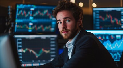 Portrait of successful Young stock trader sitting in front of multiple monitors. Stock trading.