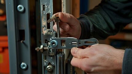 Close-up on a locksmith installing a panic latch, emphasizing the precision in repair and replacement services for door security