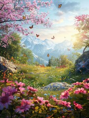 Obraz na płótnie Canvas Mountain valley with floral foreground - An idyllic mountain landscape complete with a foreground of bright, blooming flowers and roaming butterflies