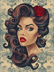 Vintage style portrait of a woman - An intricate illustration of a woman with voluminous hair and a stylized vintage look, evoking a retro beauty aesthetic
