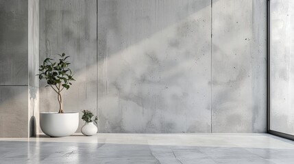 Elegant display products stand out against a loft-style cement wall backdrop, in a studio room designed with ample free space for creativity