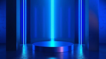 Realistic blue cylinder pedestal podium in Sci-fi dark blue abstract room with illuminate horizontal neon lamp.