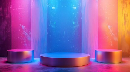 Set of background with cylinder pedestal podium in pink, orange, blue with glowing glitter background.