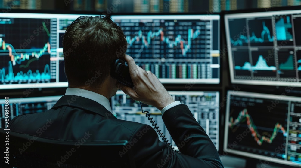 Poster stock broker talking on telephone in front of multiple computer screen showing graphs
