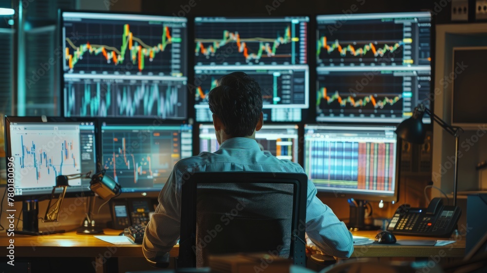 Poster Stock broker trading online while accepting orders by phone. Trader's office with multiple computer screens full of index charts and data