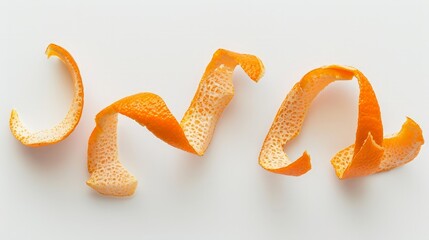 Spiral form of orange peel isolated on a white background, top view.