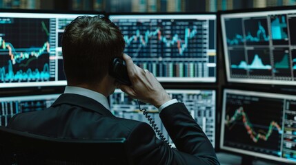 Stock Broker Talking On Telephone In Front Of Multiple Computer Screen Showing Graphs - obrazy, fototapety, plakaty