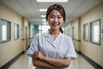 Portrait of asian young woman nurse smiling at hospital corridor.