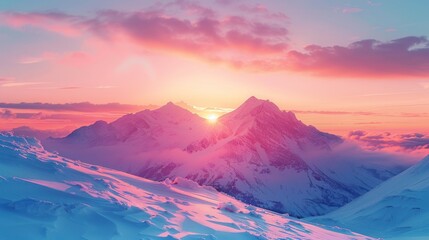 The winter mountain landscape is filled with a majestic sunrise.