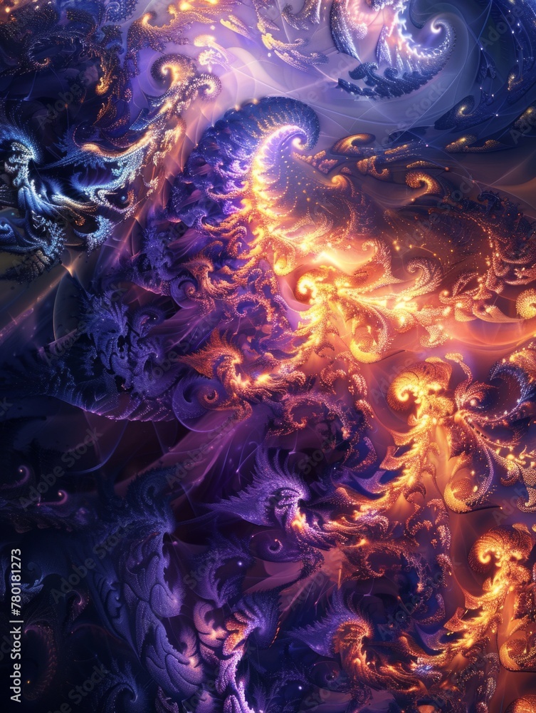 Poster abstract blue and orange fractal swirls - this highly detailed image captivates with intertwined swi