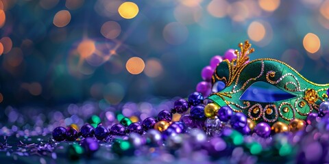 A colorful Mardi Gras mask adorned with beads symbolizing the festive spirit of the celebration