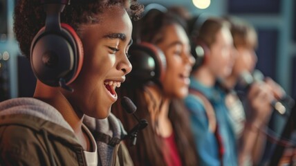 Focused teenage boy wearing headset gaming - Teenage boy engrossed in an esports game wearing a gaming headset against a blurred background - obrazy, fototapety, plakaty