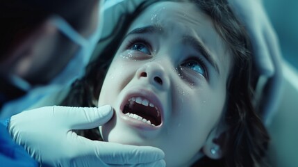 A young girl is sitting with her mouth open, being examined by a doctor in a medical setting