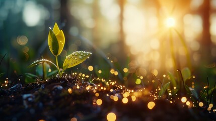 A small green plant sprouts from the ground, bathed in sunlight - obrazy, fototapety, plakaty