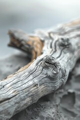 Zooming in on a weathered driftwood fragment, the sea's gentle caress sculpted its smooth, worn texture with grace. - obrazy, fototapety, plakaty