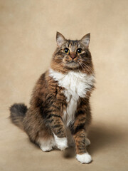An energetic tabby cat stands tall, reaching upwards with focused intent. Pet in studio