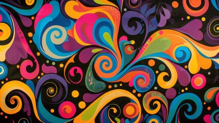 Fototapeta premium Bright psychedelic swirls and twirls on a black background give off a retro and trippy vibe.