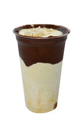 Panoramic still life of ice cream slush frozen colorful frozen fruit granita drinks flowing into takeaway plastic cups with ice cream straws flavor