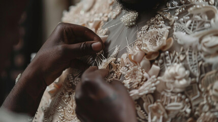 Through the magnifying lens we see a black man intricately embroidering a oneofakind design onto a luxurious gown showcasing his unparalleled skill in the art of couture. Each stitch . - obrazy, fototapety, plakaty