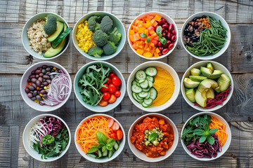 Colorful Diversity on a Wooden Table: Variety of Healthy Food Bowls - Offering a Range of Nutritious Meals for a Wholesome Dining Experience