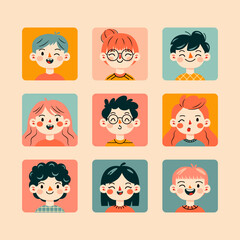 Kwadratowe portrety ludzi. Różne twarze i fryzury. Zabawne postacie. Awatar, urocze komiksowe buzie. Ręcznie rysowane ilustracje wektorowe.