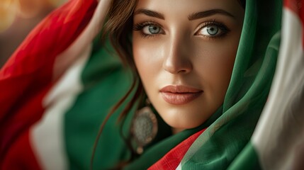 A portrait of a hot Italian woman highlighted by the vibrant colors of the Italian flag. Naturally beautiful Italian woman in a sense of national pride. - obrazy, fototapety, plakaty