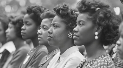 In a black and white photo a group of women stand united dressed in demure yet striking dresses accessorized with statement brooches and pearl earrings. Their collective gaze speaks . - obrazy, fototapety, plakaty