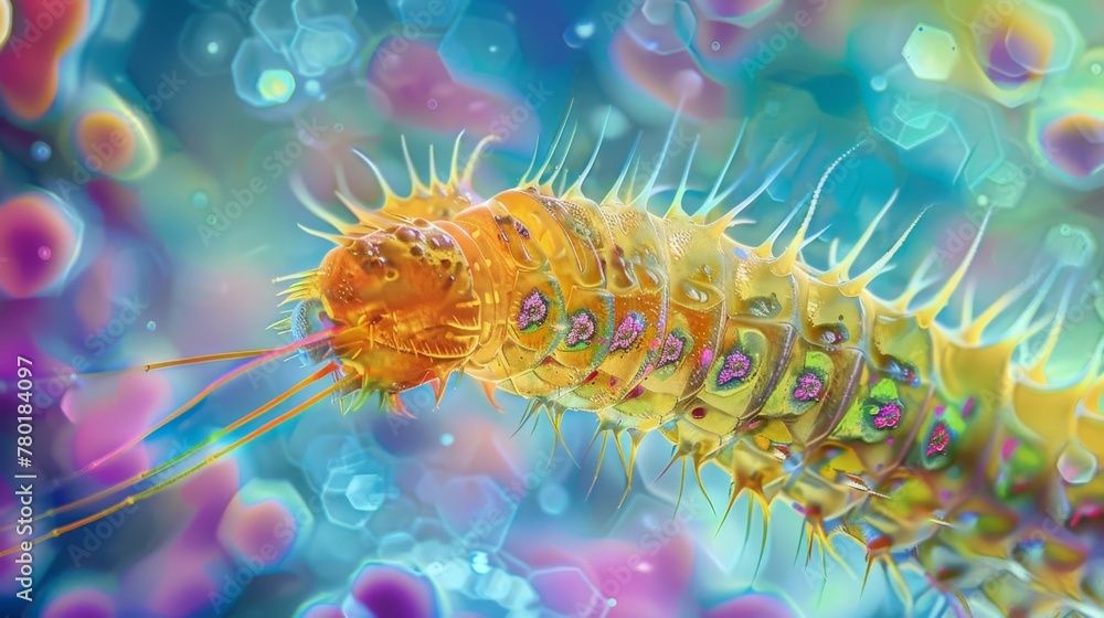Poster a detailed closeup of a larva with a pointed head a segmented body and numerous small hairs covering