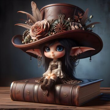 Sweet chibi steampunk style pixie sitting on a leather book on an old wooden table in 3D.
