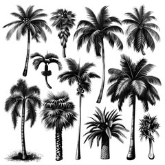 palm trees silhouettes on white - obrazy, fototapety, plakaty
