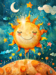 Obraz na płótnie Canvas sun and moon, 3d rendered illustration of a sun and moon in the night sky