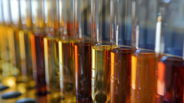 A photograph of several test tubes filled with vibrant liquid samples showcasing the variety of compounds found in different types of biodiesel. .