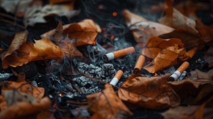 火の付いたタバコの吸い殻と落葉

