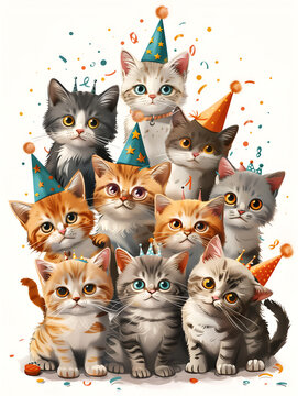 bunch of various cute happy kitten having a birthday party