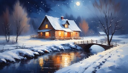 painting midnight  landscape in winter snowing heavily. impressionist style, an old farmhouse at christmas and river