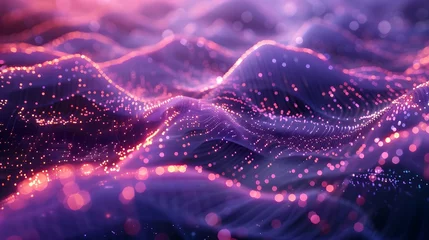 Poster 3D landscape and big data visualization. A network of dots connected by lines creates an abstract digital background. Purple color scheme. Suitable for high-tech backgrounds © horizor