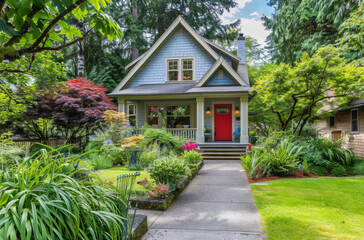 Fototapeta na wymiar an elegant craftsman bungalow with lush green landscaping and a gray and white color scheme accented with bright red, a front porch with small stairs and a white handrail