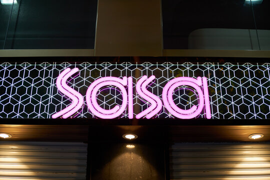 HONG KONG, CHINA - DECEMBER 05, 2023: close up shot of Sasa sign as seen in Hong Kong.