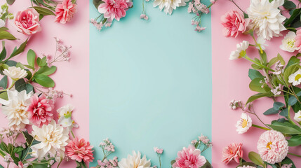 Banner image of beautiful flowers on pink and blue background with copy space.
